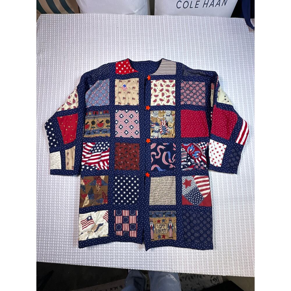 VTG Handmade Quilt Jacket Americana Patchwork Patriotic Folk Art OOAK Size XL